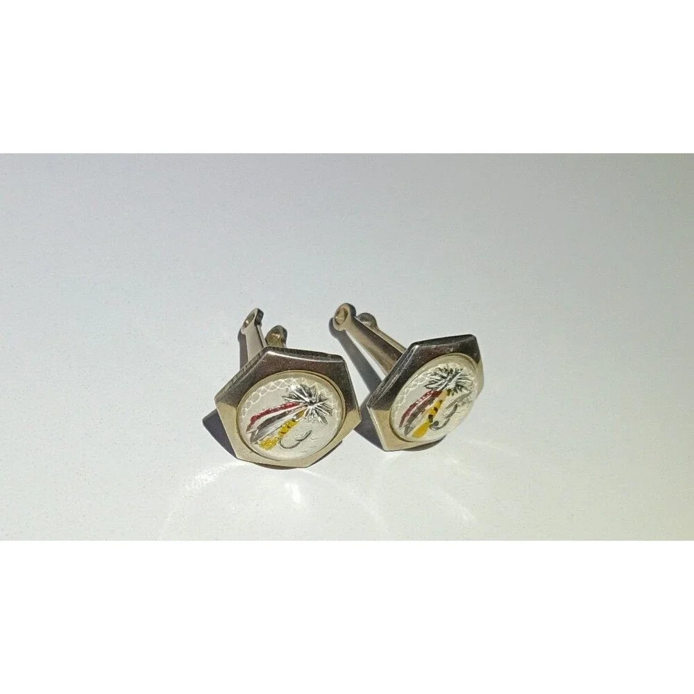 Vintage Fishing Fly Enamel Cufflinks – Hexagon Silver Tone
